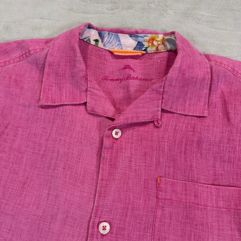 Tommy Bahama Mens Large Pink 100% Linen Short Sleeve Camp Shirt FOS-2 - Picture 3 of 8